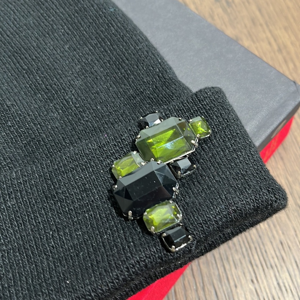 Black Beanie Hat with Black and Green Rhinestone Detail - Picture 3 of 4